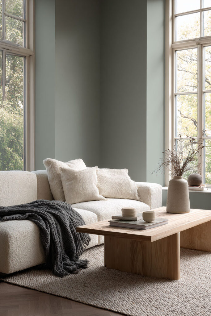 Minimalist sage green living room with cream boucle sofa, neutral pillows, wood coffee table, and large windows filled with natural light.