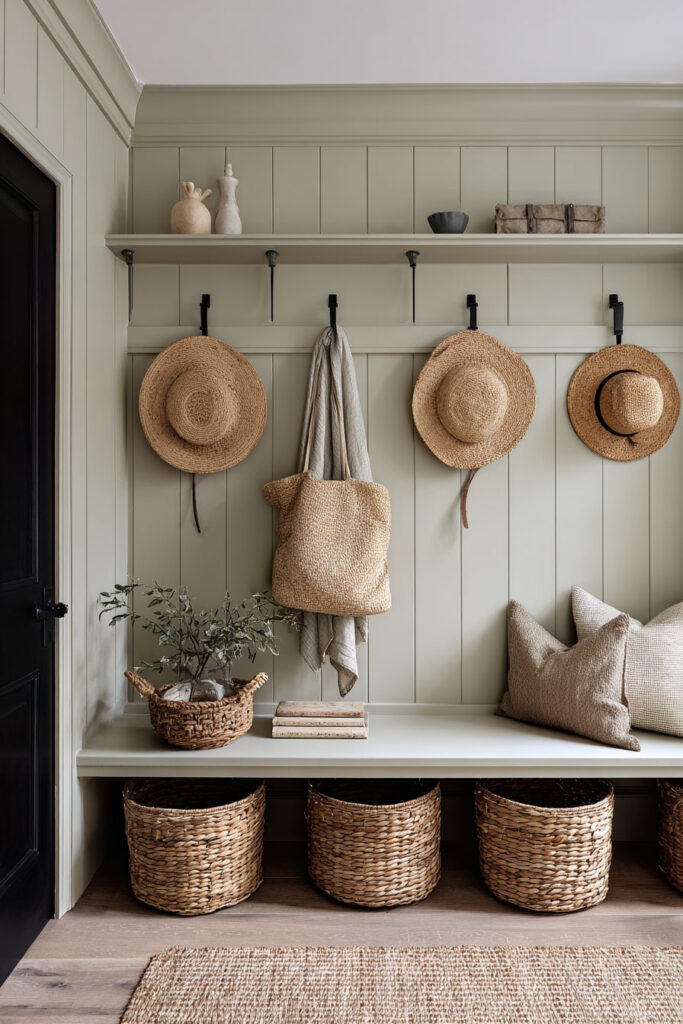Sage green mudroom with built-in bench, woven baskets, straw hats, and farmhouse-style wall paneling with natural accents.