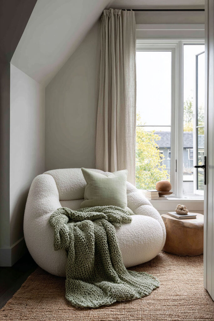 Cozy boucle chair styled with sage green throw blanket and pillow by a bright window, modern minimalist living room corner decor.