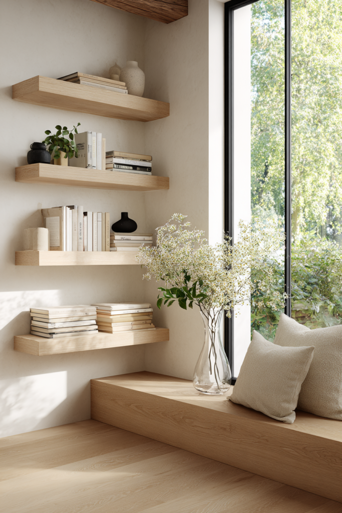 Contemporary Scandinavian living room corner with light wood floating shelves styled with neutral books, ceramic vases, and greenery. A built-in wooden window seat with pillows and a glass vase of flowers sits beside a large window, creating a cozy and sunlit reading nook.
