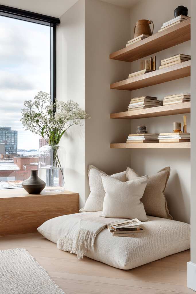 Scandinavian-inspired reading nook with stacked books on floating wooden shelves, soft neutral floor cushions, a cozy throw blanket, and a vase of fresh flowers by a large window.