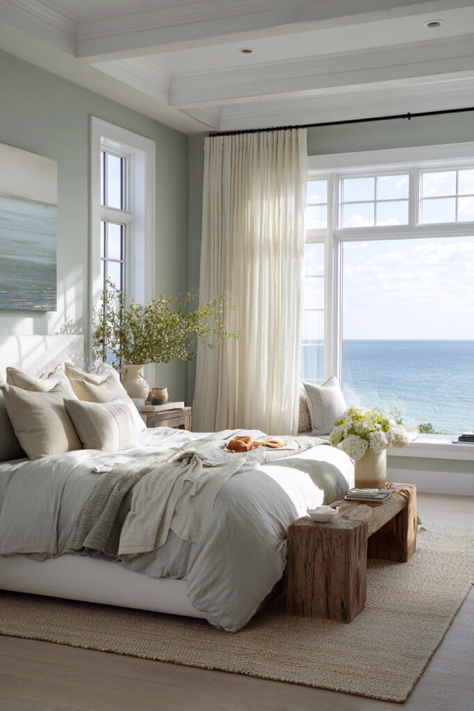 Coastal sage green bedroom with ocean view, natural textures, rustic wood accents, and airy neutral bedding.