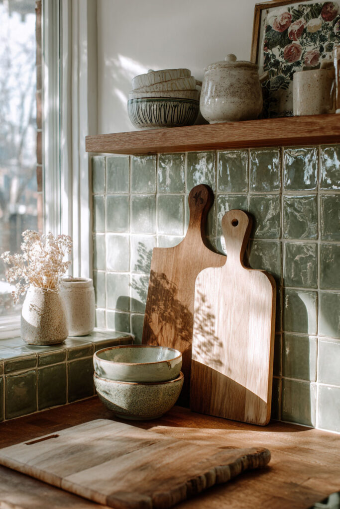 Cozy sage green kitchen corner with handmade tile backsplash, natural wood cutting boards, pottery, and rustic sunlight.