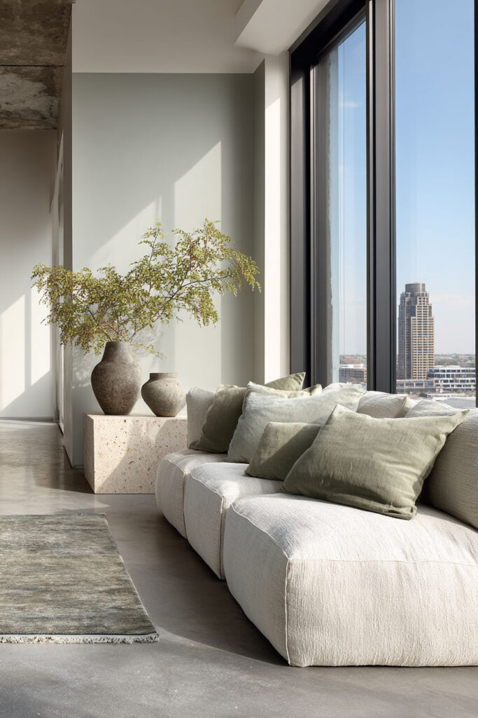 Modern apartment living room with sage green throw pillows, cream sofa, stone accent table, and floor-to-ceiling windows.