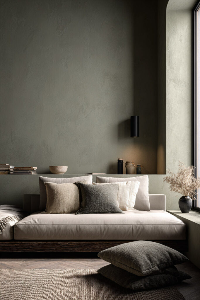 Modern sage green living room with built-in ledge, neutral cushioned sofa, textured pillows, black wall sconce, and ceramic vase with dried grasses.