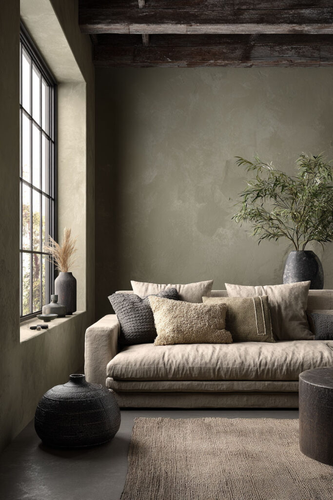 Rustic sage green living room with plaster walls, linen sofa, layered pillows, exposed beams, and ceramic accents.