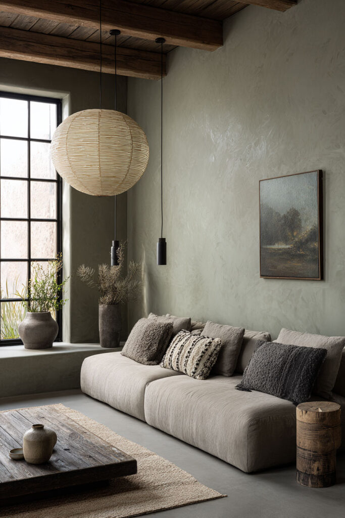 Rustic sage green living room with plaster-textured walls, wood ceiling beams, low-profile sofa, and natural pottery accents.