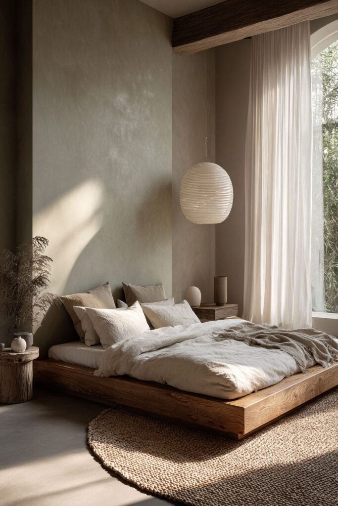 Japandi-inspired sage green bedroom with low wooden platform bed, linen bedding, woven rug, and natural light.