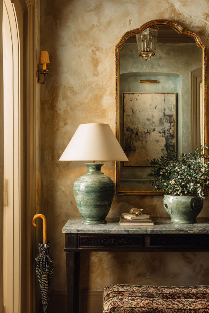 Sage green entryway console with ceramic lamp, gold mirror, potted greenery, textured plaster walls, and patterned bench.