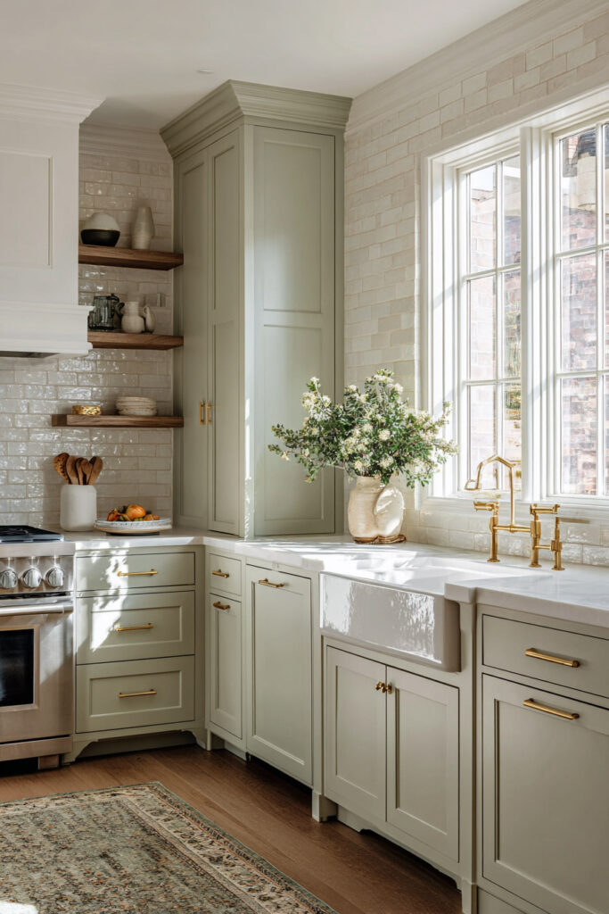 Sage green kitchen with farmhouse sink, brass hardware, white subway tile, and open wood shelving.