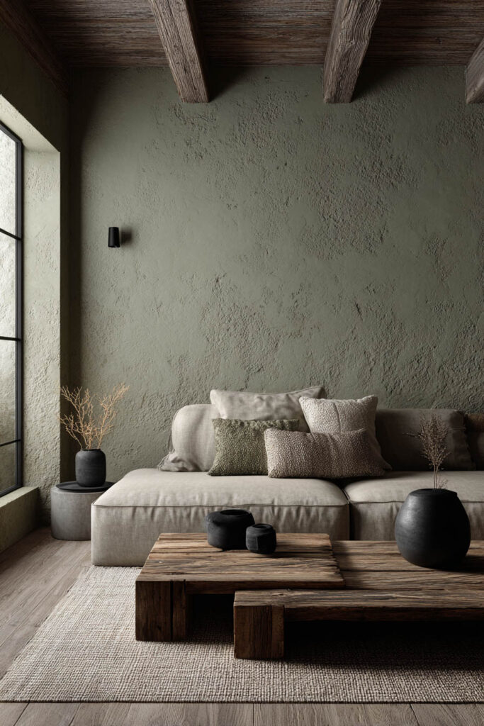 Rustic sage green living room with textured plaster walls, exposed wood beams, low neutral sofa, chunky wood coffee table, and ceramic accents.