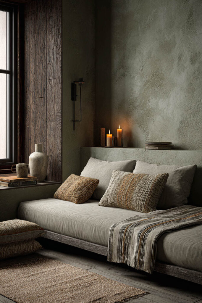 Moody sage green living room with textured walls, rustic wood accents, earthy pillows, natural textiles, and candlelight.