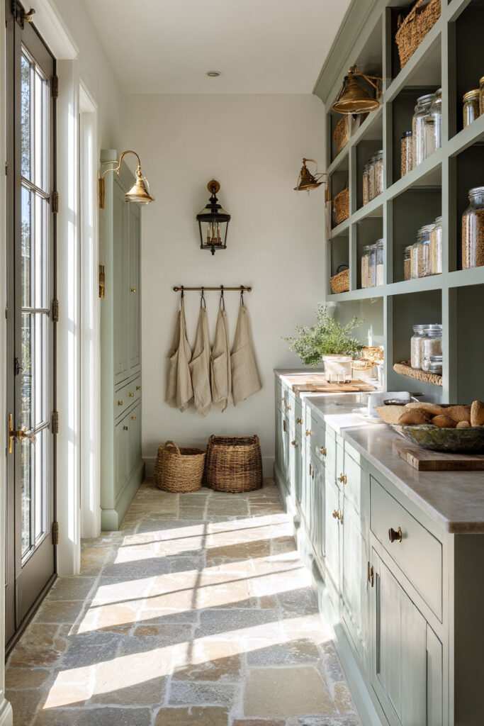 Sage green pantry kitchen with shaker cabinets, open shelving, glass jars, woven baskets, stone flooring, and brass accents.
