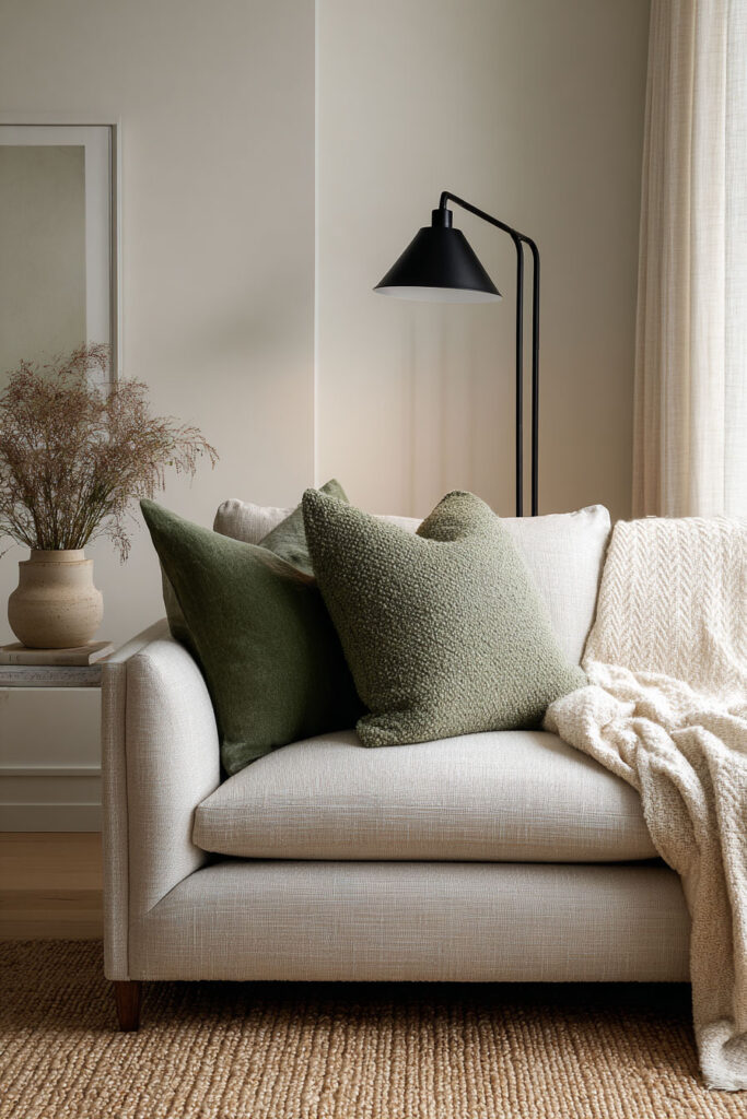 Neutral sofa with sage green pillows, cream throw blanket, black floor lamp, and ceramic vase with stems in modern living room decor.