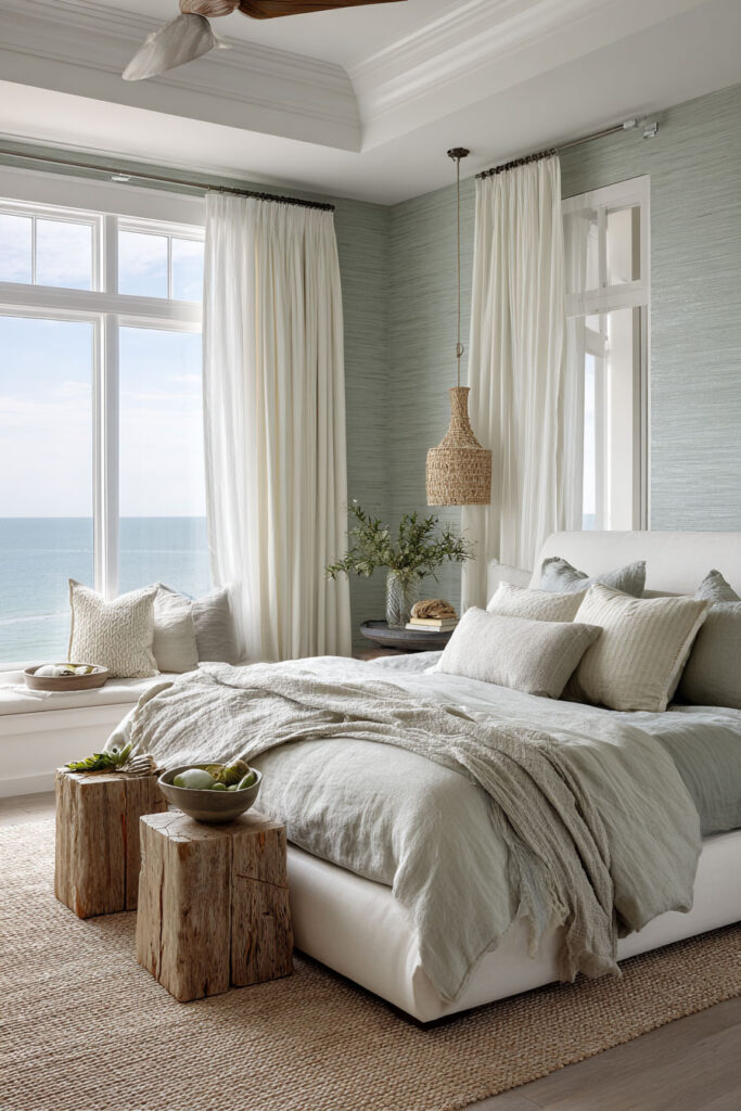 Coastal sage green bedroom with linen bedding, woven accents, natural wood decor, and ocean view.