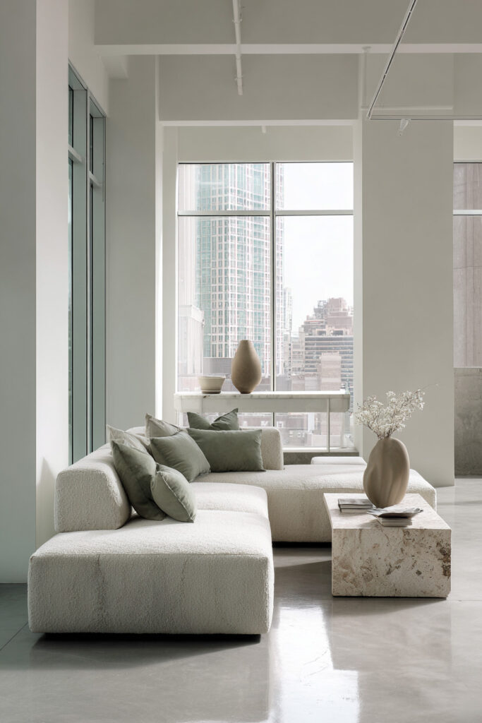 Modern loft living room with sage green pillows, white sofa, stone coffee table, and floor-to-ceiling windows with city views.