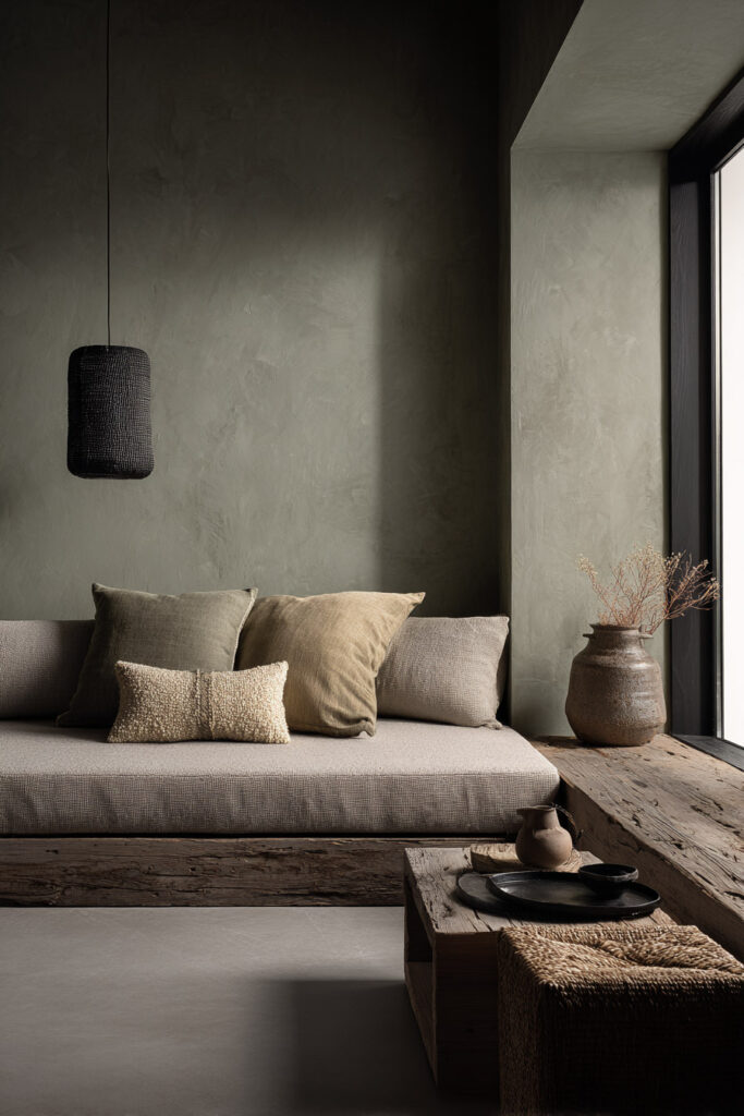 Moody sage green living room with built-in wood bench sofa, textured pillows, black pendant light, and rustic pottery accents.