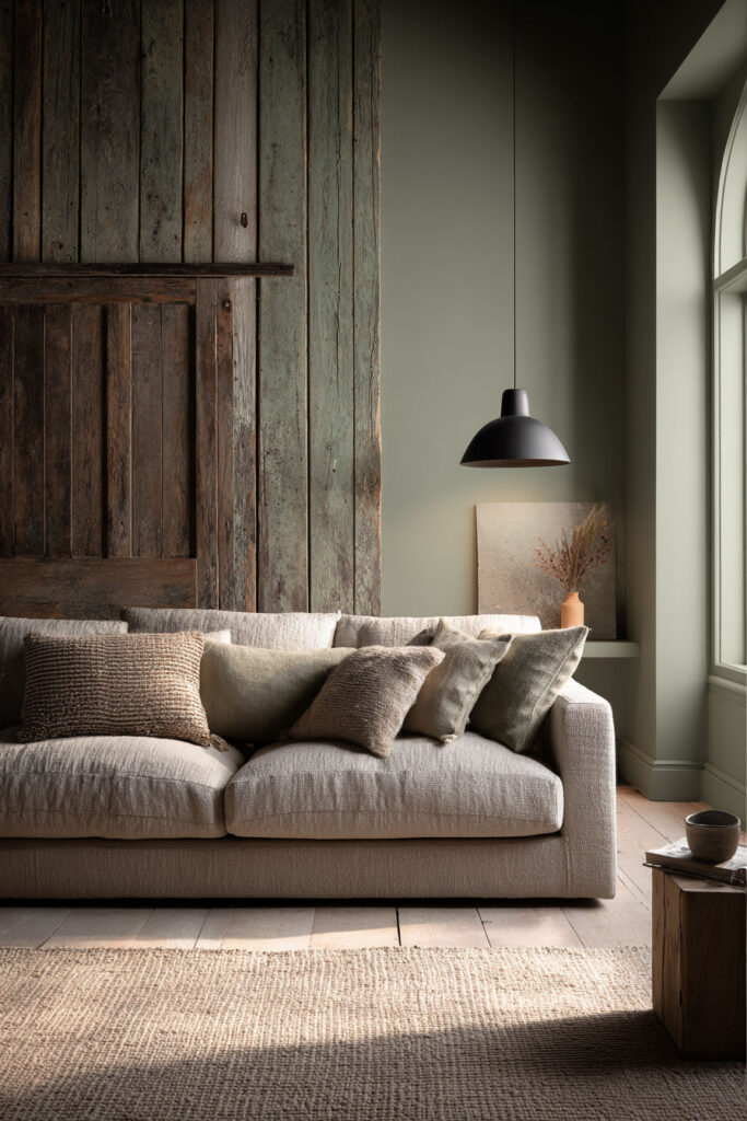 Rustic sage green living room with reclaimed wood wall, linen sofa, earthy throw pillows, and jute rug.