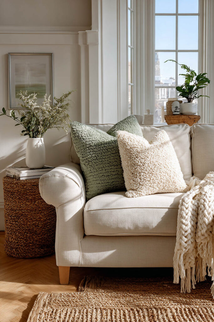 Beige sofa with sage green and cream sherpa pillows, chunky knit throw, woven accents, and fresh greenery in bright living room.
