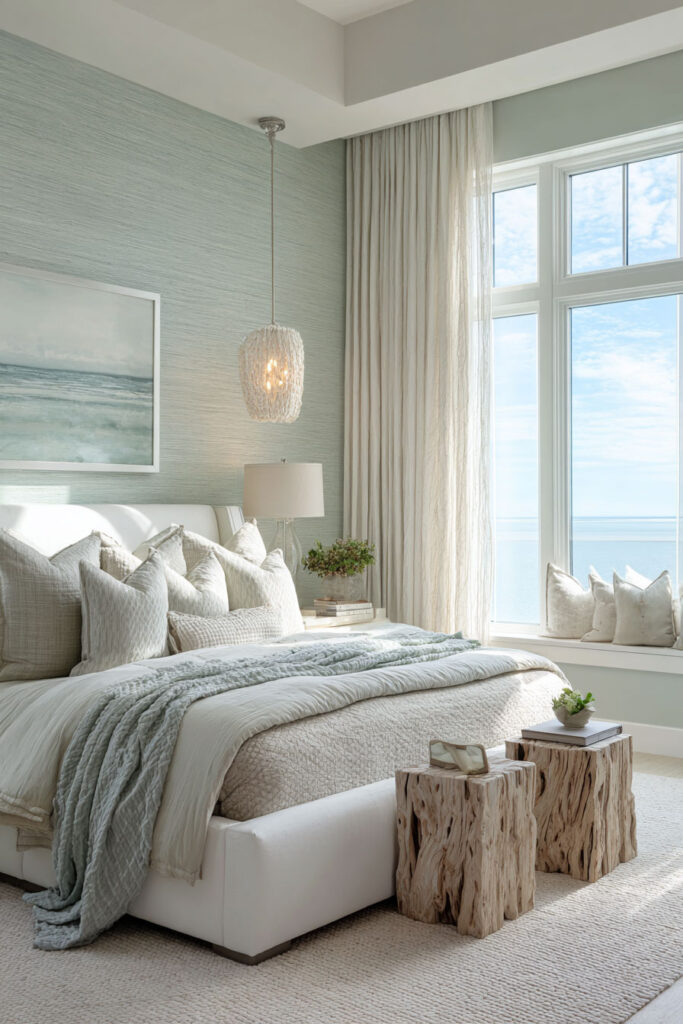 Coastal sage green bedroom with ocean view, layered bedding, driftwood side tables, and natural light.