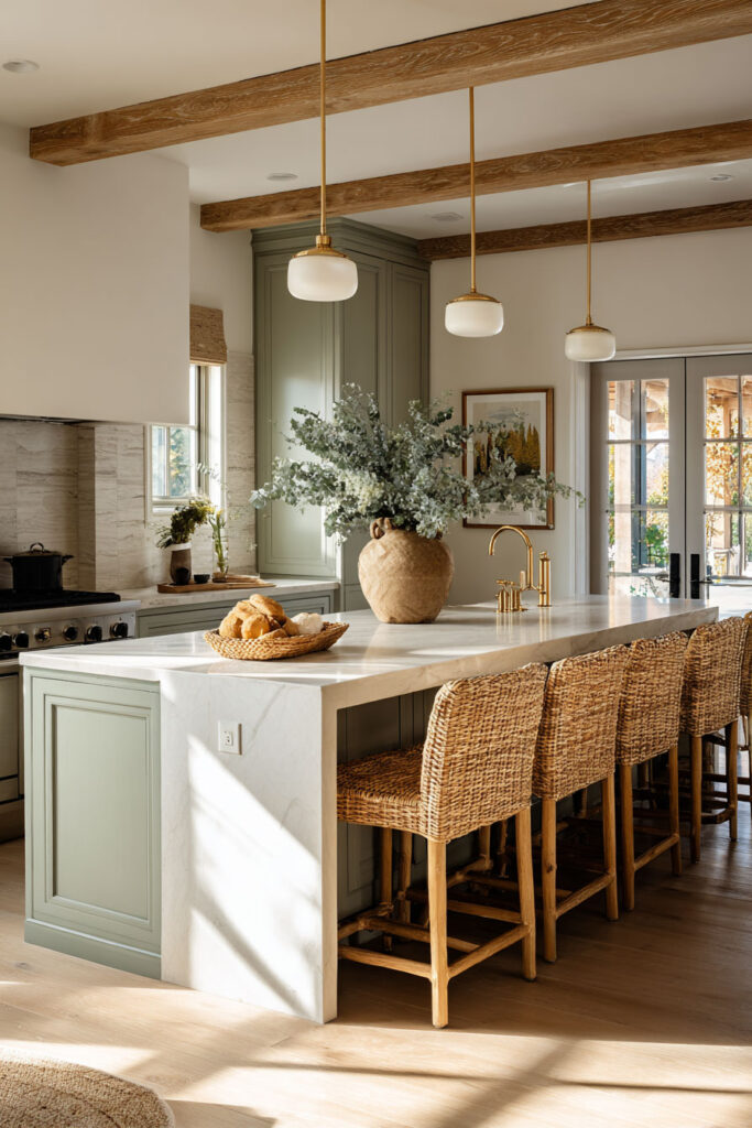 Sage green kitchen with marble island, woven barstools, wood beams, brass pendant lighting, and farmhouse-inspired design.