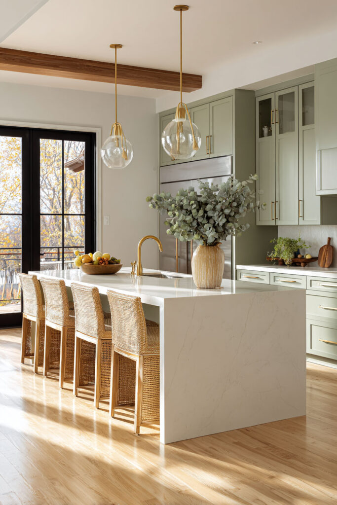 Sage green kitchen with white waterfall island, woven bar stools, brass accents, and modern glass pendant lighting.