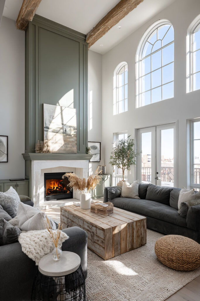 Sage green living room with tall ceilings, exposed beams, large windows, fireplace accent wall, rustic wood coffee table, and cozy sofas.