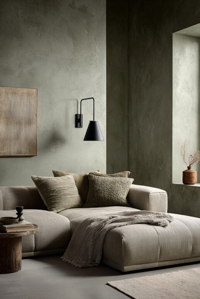 Modern sage green living room with plaster-textured walls, neutral sectional sofa, earthy throw pillows, rustic wood side table, and minimalist wall art.