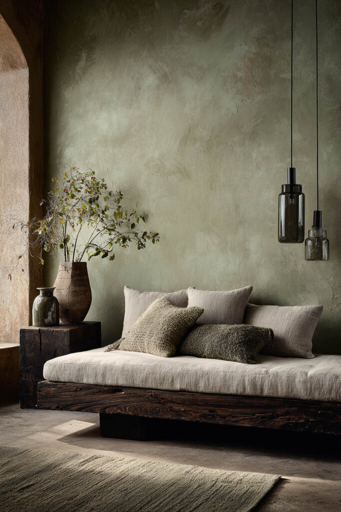 Sage green living room with textured plaster walls, rustic wood daybed, linen pillows, ceramic vases, and pendant lights.