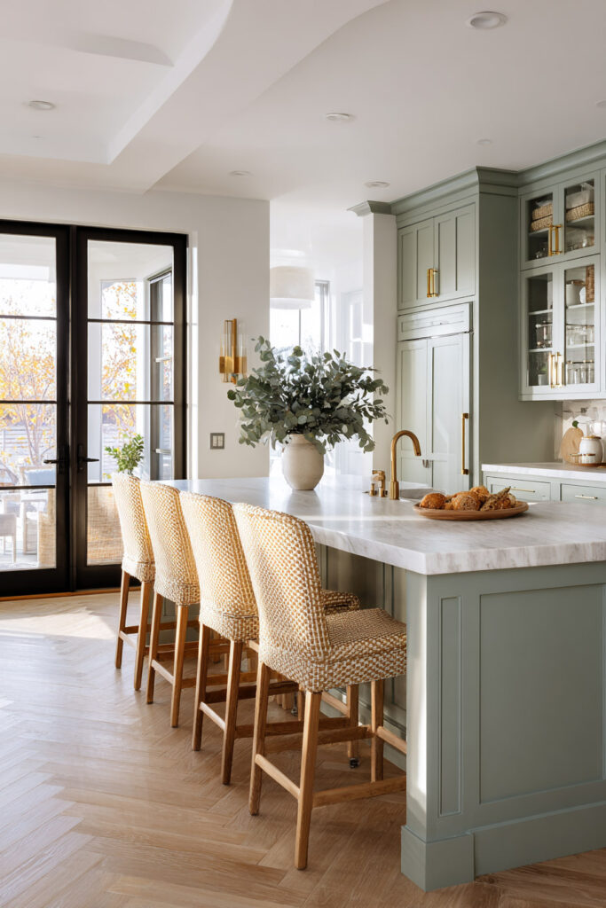 Elegant sage green kitchen with marble island, woven barstools, brass fixtures, and glass-front cabinets in a bright, airy design.