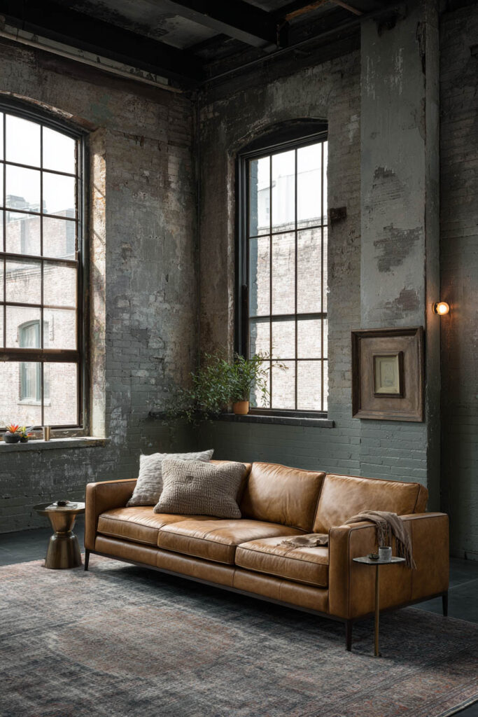 Industrial sage green living room with exposed brick walls, caramel leather sofa, tall windows, and vintage rug