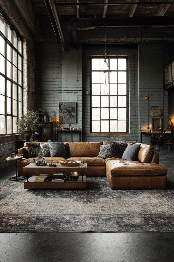 Industrial loft living room with sage green brick walls, leather sectional sofa, oversized windows, and layered textures.