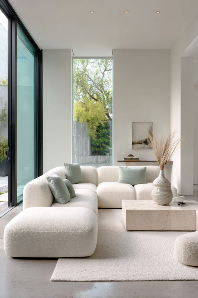 Modern living room with white curved sofa, sage green throw pillows, stone coffee table, and floor-to-ceiling windows.