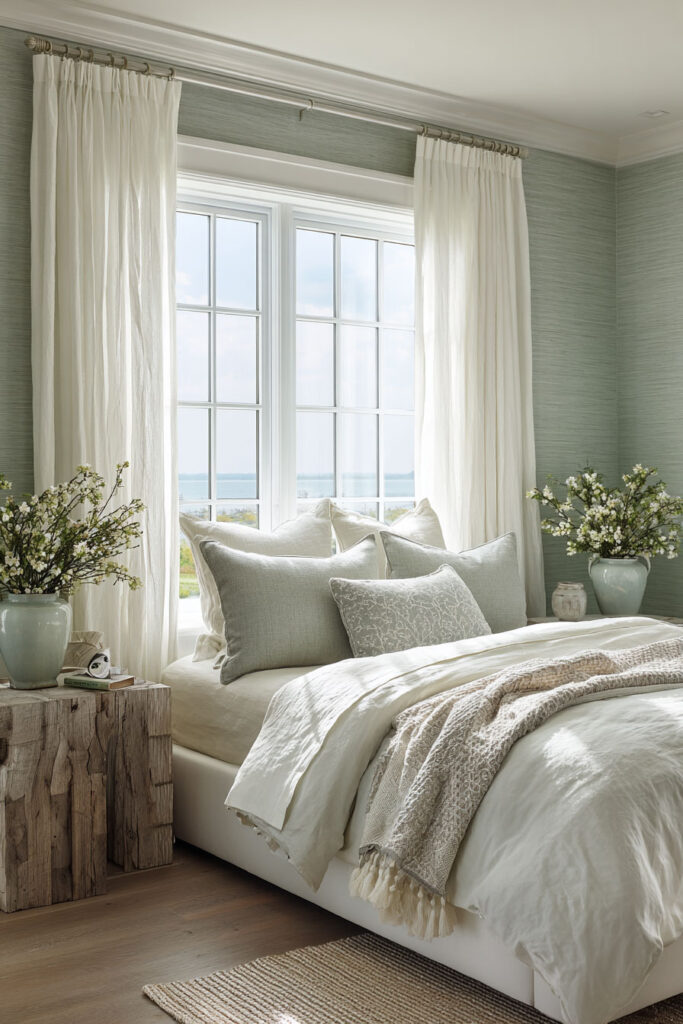 Coastal sage green bedroom with white curtains, light bedding, driftwood tables, and fresh floral accents.