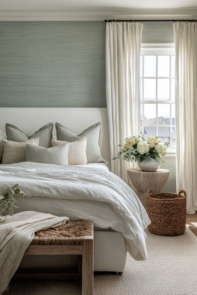 Sage green bedroom with textured accent wall, neutral bedding, woven decor, and natural wood accents.