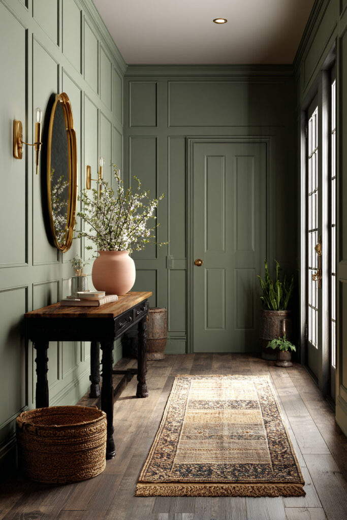 Sage green entryway with paneled walls, wood console table, brass mirror, vintage rug, and fresh greenery.
