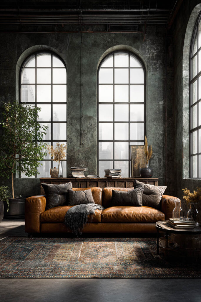 Industrial sage green living room with weathered walls, arched windows, leather sofa, layered rugs, and rustic wood accents.