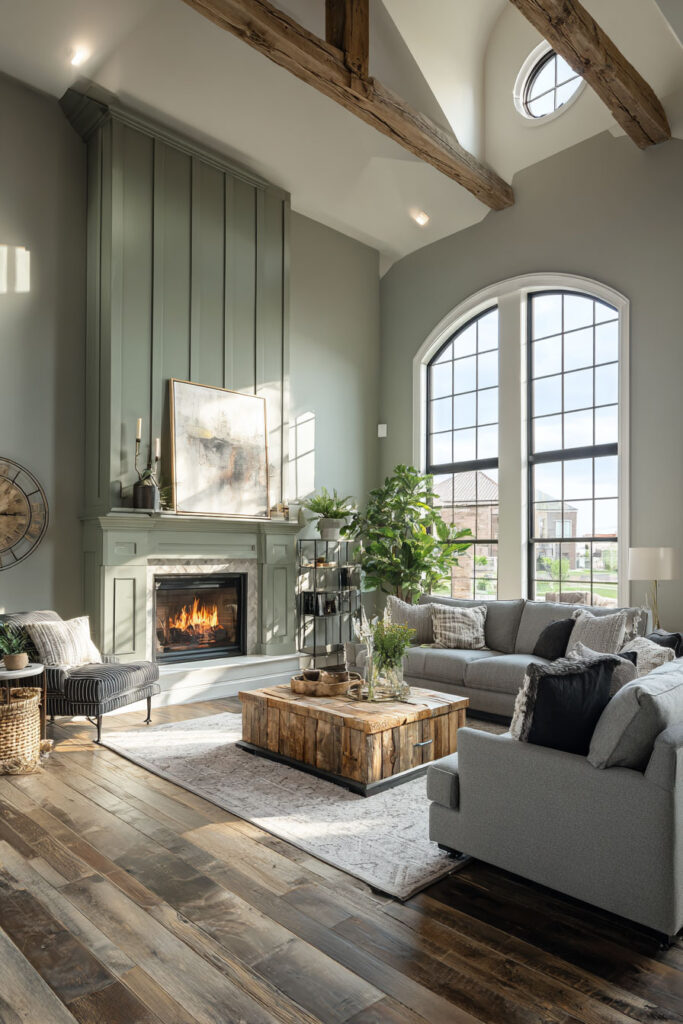 Farmhouse-style sage green living room with paneled fireplace, vaulted ceiling with rustic beams, large arched windows, gray sofas, and wood coffee table.