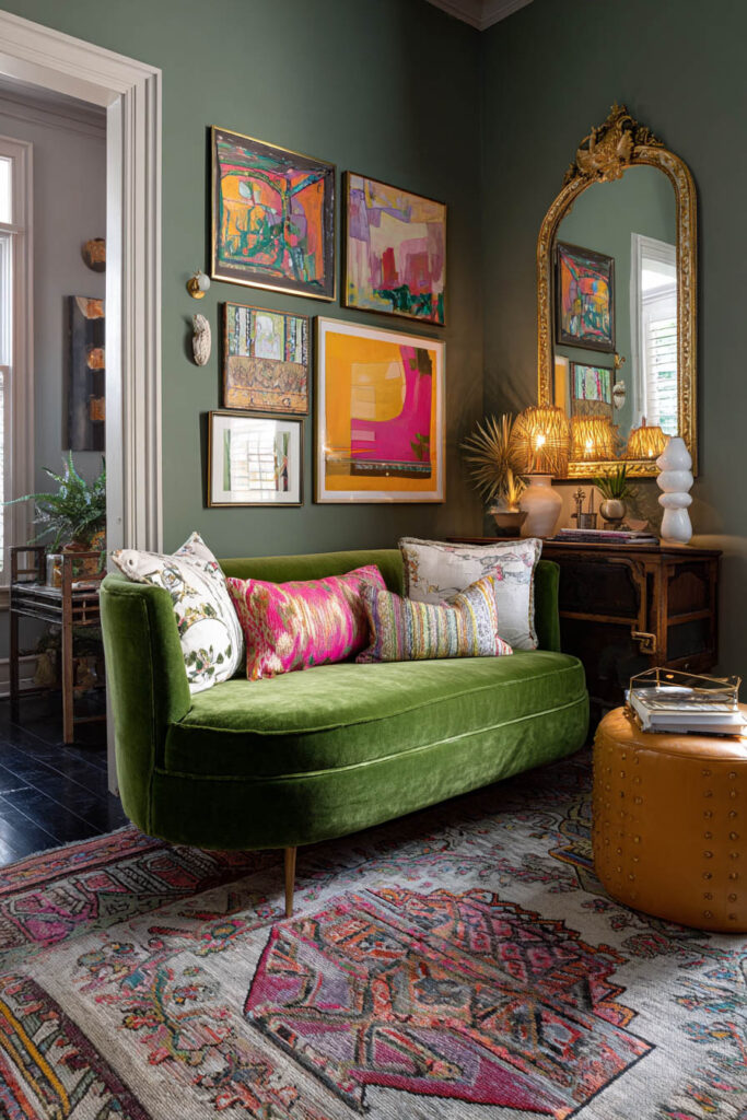 Eclectic living room with sage green walls, velvet green sofa, colorful pillows, gold mirror, and vibrant gallery wall art.