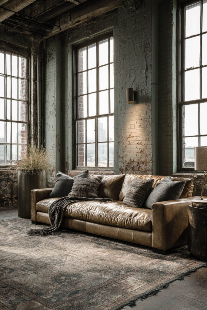 Industrial loft living room with distressed sage green brick walls, leather sofa, and large steel-framed windows.
