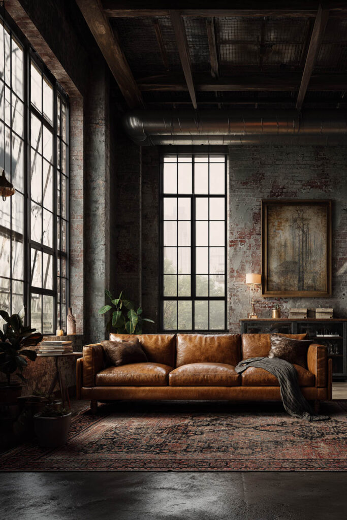Industrial sage green living room with exposed brick walls, caramel leather sofa, vintage rug, and factory-style windows.