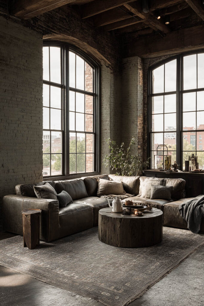 Industrial sage green loft living room with painted brick walls, large arched windows, leather sectional sofa, rustic wood coffee table, and exposed beams.