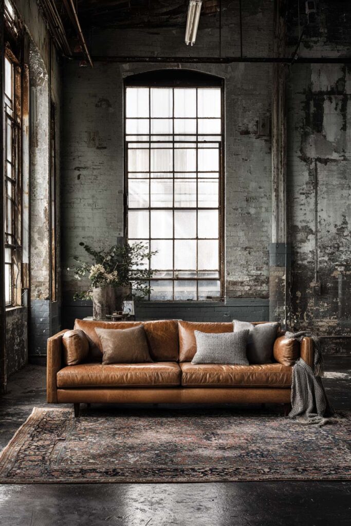 Industrial sage green living room with distressed brick walls, leather sofa, large factory windows, and vintage rug in loft-style space.