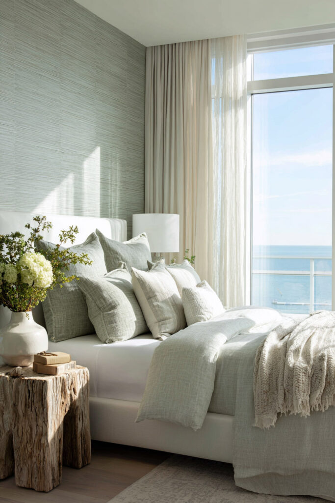 Coastal sage green bedroom with ocean views, driftwood table, fresh flowers, and layered linen bedding.