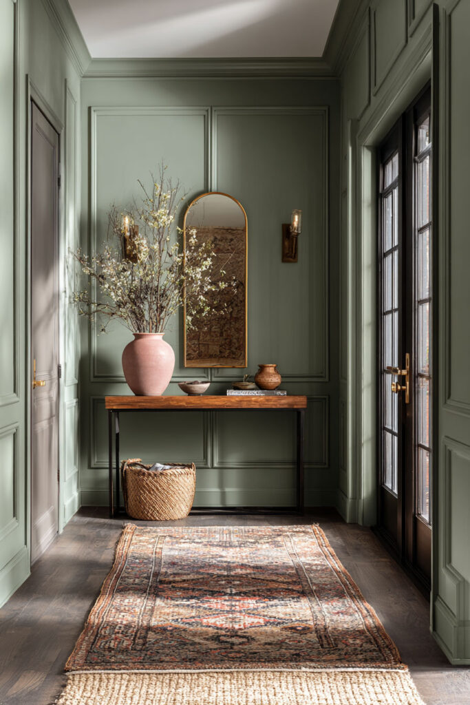 Sage green entryway with wood console table, pink ceramic vase, gold mirror, and vintage rug.