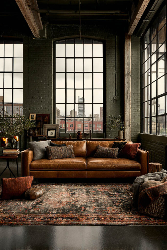 Industrial loft living room with sage green brick walls, leather sofa, oversized windows, and vintage patterned rug.