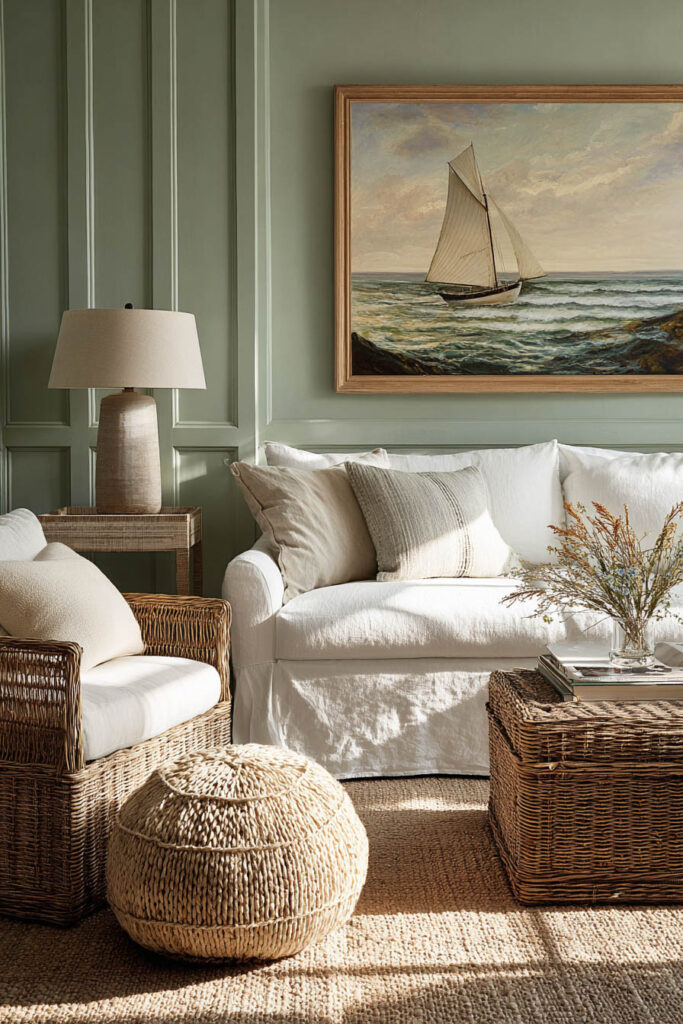 Coastal sage green living room with white sofa, wicker furniture, natural textures, and nautical sailboat wall art.