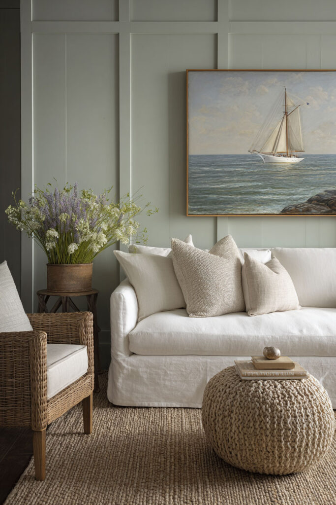 Coastal sage green living room with white slipcovered sofa, woven textures, and nautical wall art.