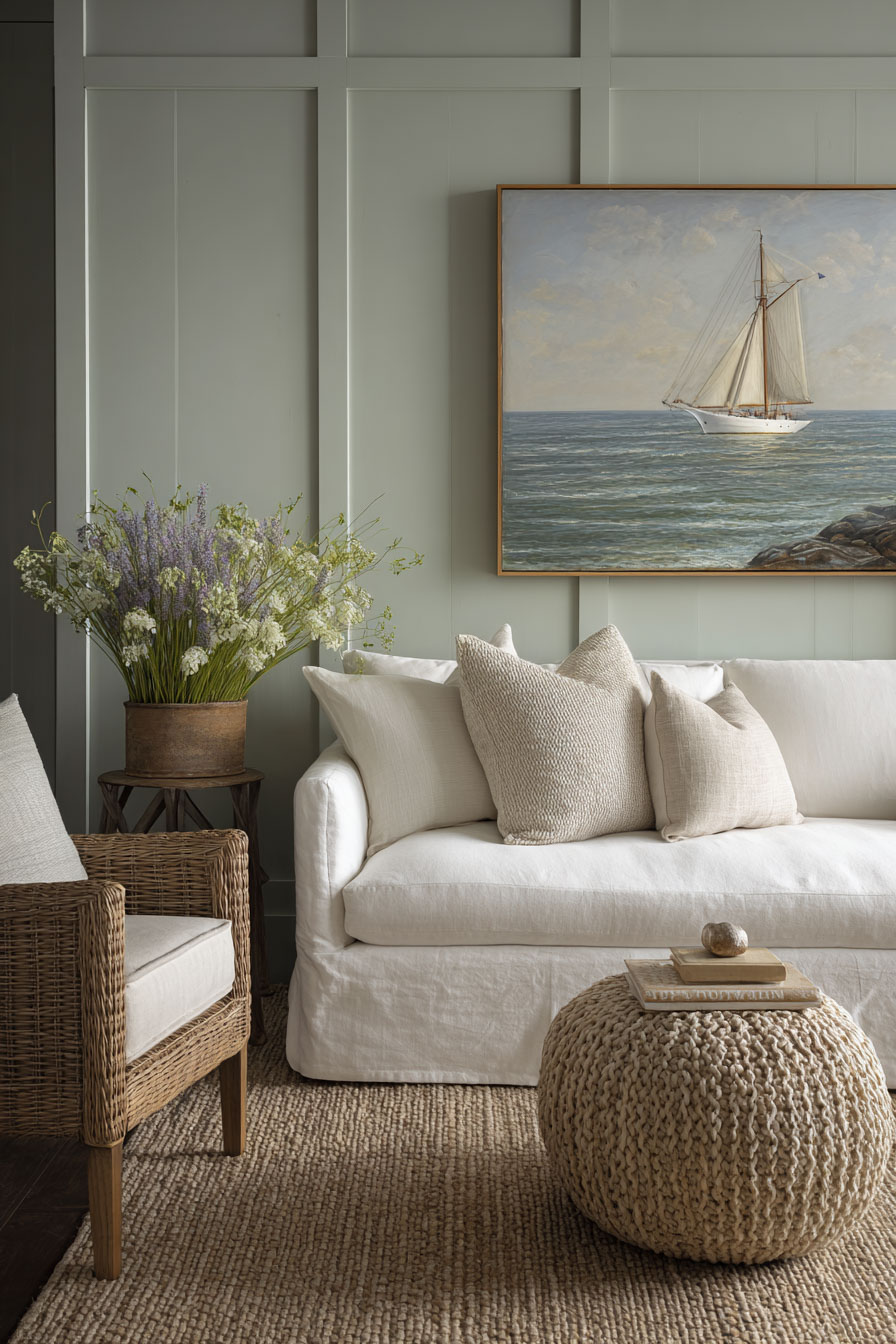 Coastal sage green living room with white slipcovered sofa, woven textures, and nautical wall art.