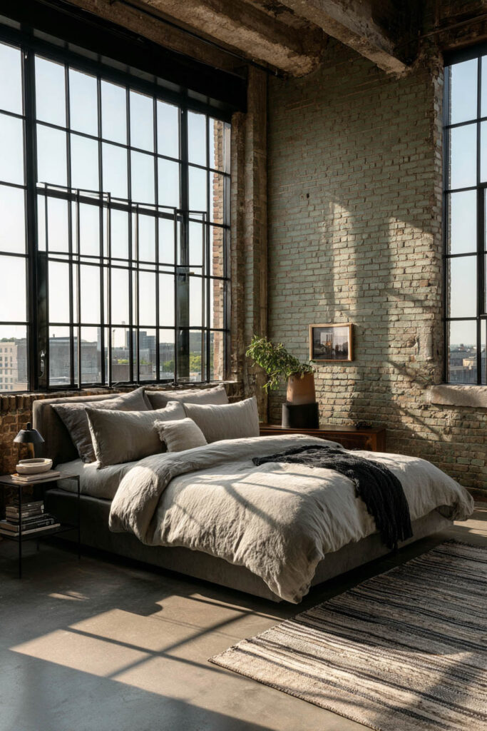 Industrial bedroom with sage green brick walls, large windows, linen bedding, and modern minimalist decor.